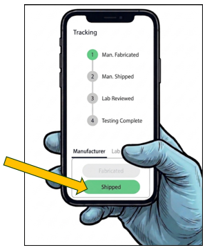 Mobile certification status tracker showing a specimen as shipped